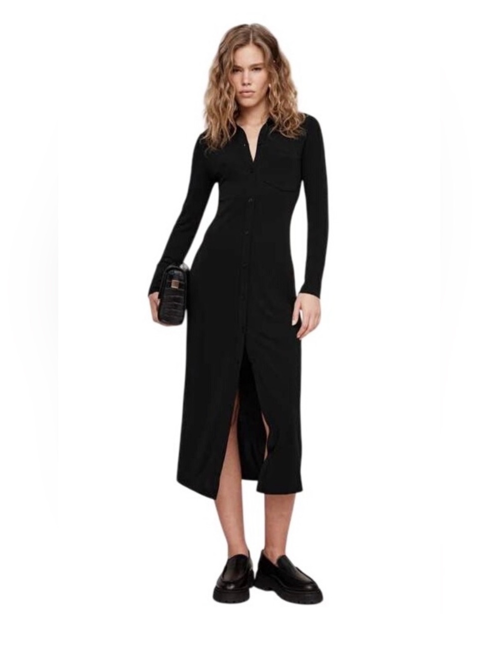 Banana Republic Black Long Sleeve Crepe Button-Front Maxi Dress